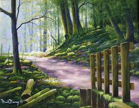 "Tranquil Path" painting of a shaded path in the colorful Smoky Mountains