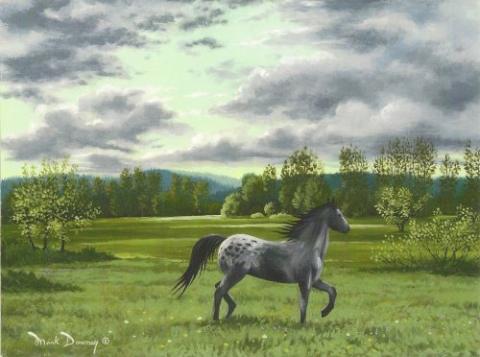 "Appaloosa" painting of a horse walking in a lush green field